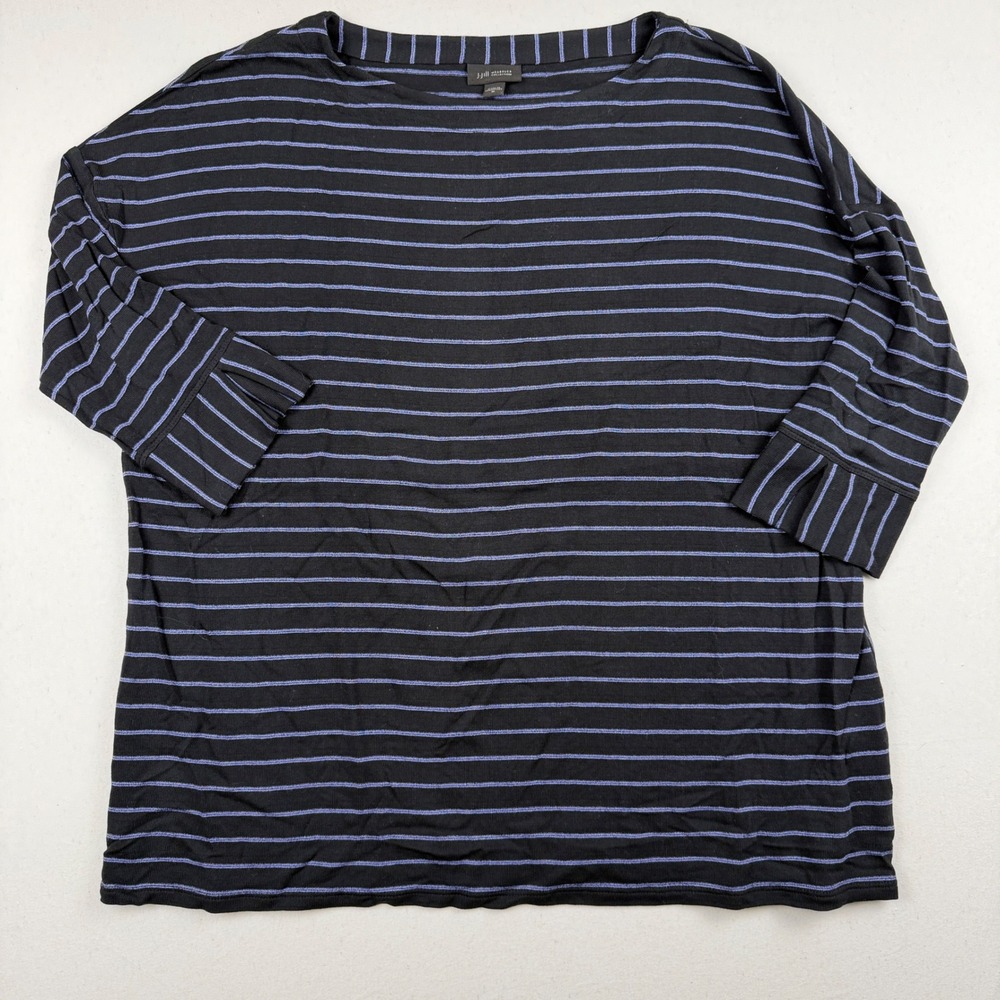 J. Jill Wearever Striped Boat Neck Top Black Purple 3/4 Sleeve Size M